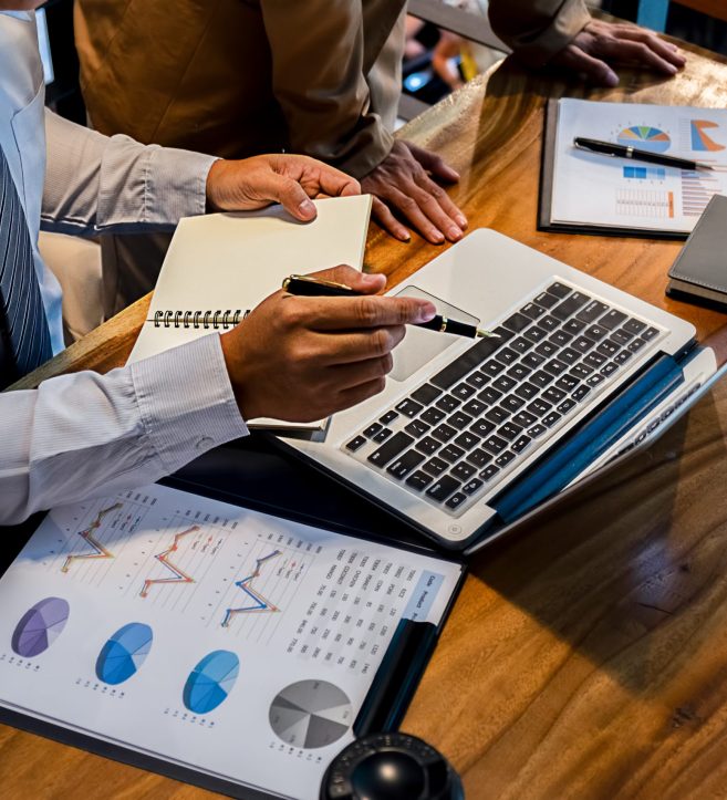 Administrator business man financial inspector and secretary making report calculating balance. Internal Revenue Service checking document. Audit concept